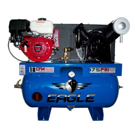 Wood Industries Eagle, 9 HP, Stationary Gas Compressor, 30 Gallon, 200 PSI, 18 CFM, Honda, Electric/Recoil 9G30TRKE